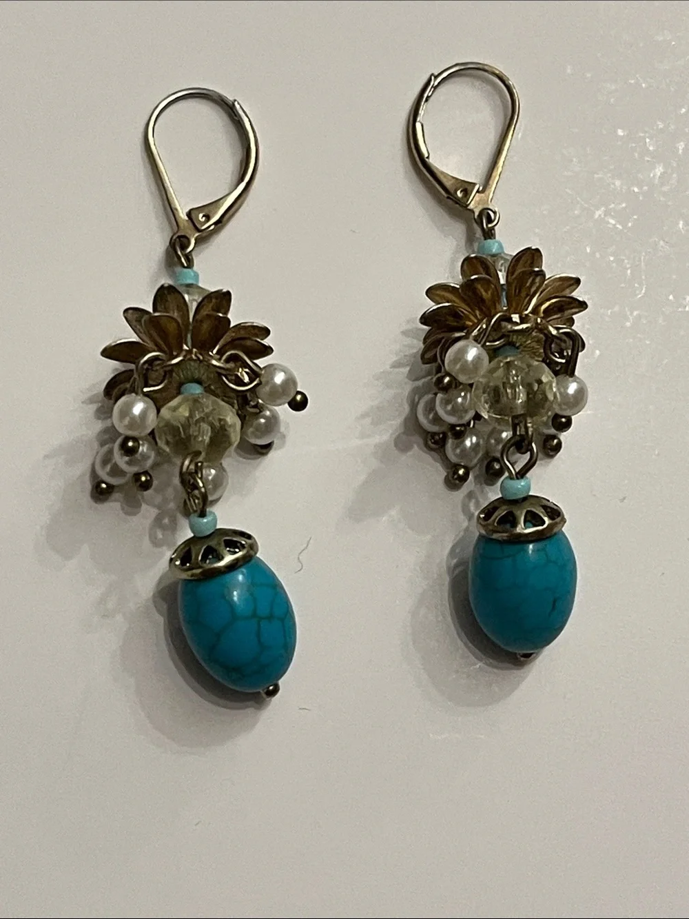 Talbots Turquoise Cluster Drop Earrings with Faux Pearls and Crystal Beads